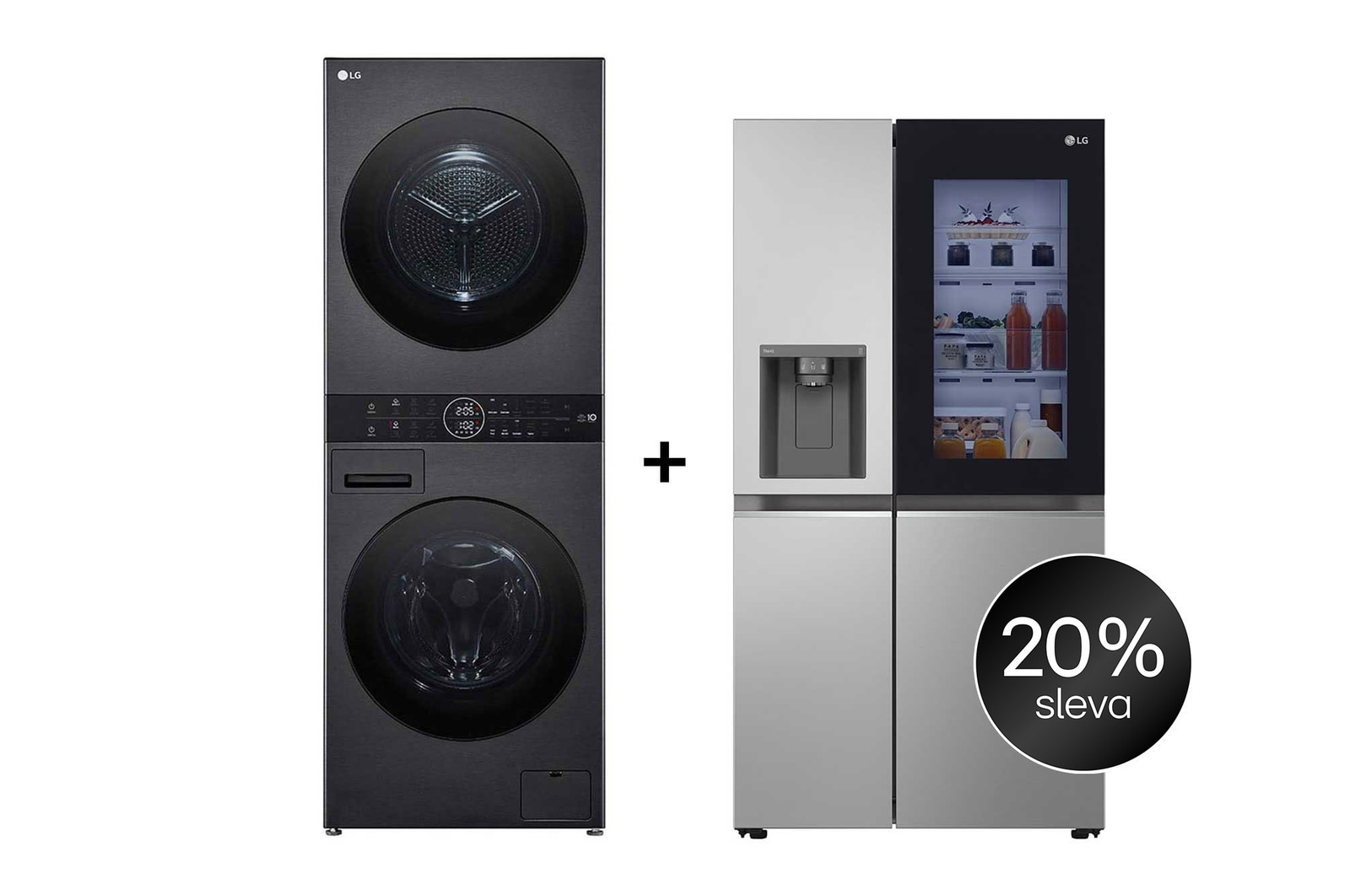 Čelní pohled na SET | LG WashTower WT1210BBF + Chladnička InstaView™ GSGV80PYLD CHPRSET11
