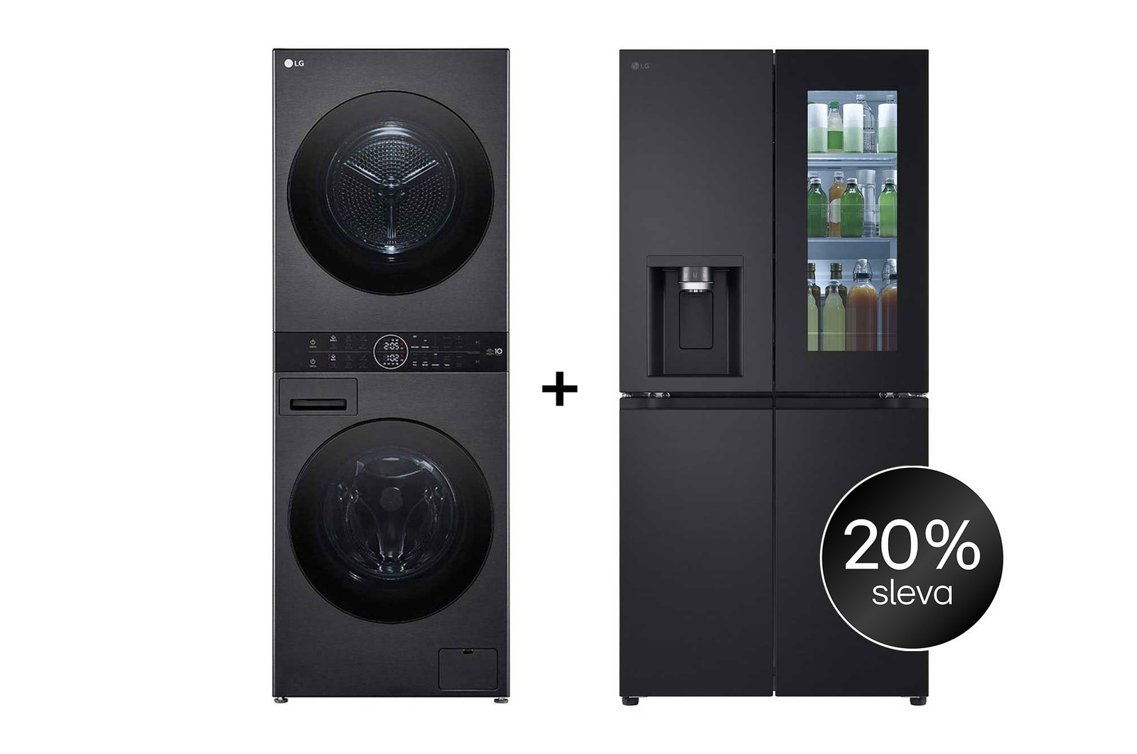 Čelní pohled na SET | LG WashTower WT1210BBF + Chladnička InstaView™ GMG860EPBE CHPRSET14