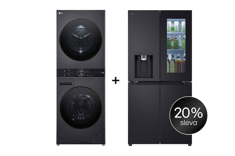 Čelní pohled na SET | LG WashTower WT1210BBF + Chladnička InstaView™ GMG860EPBE CHPRSET14