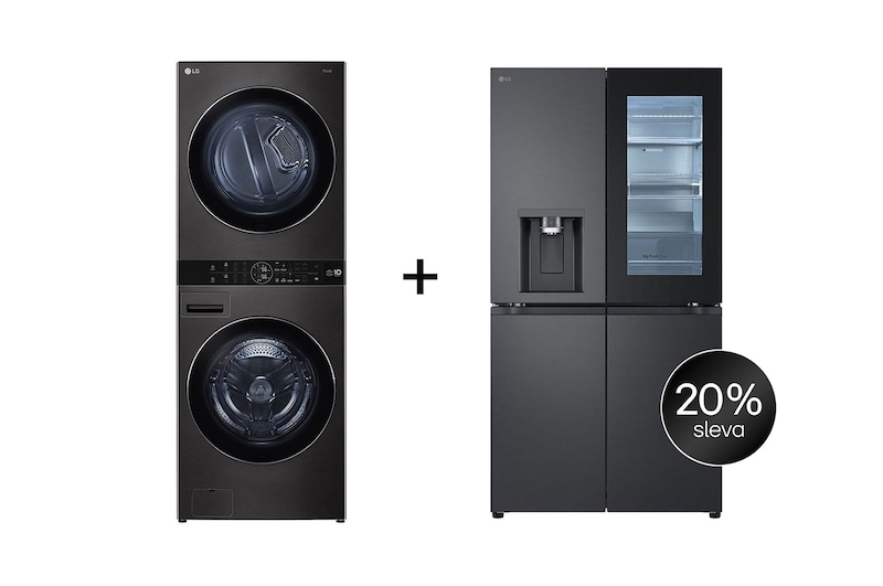 Čelní pohled na SET | LG WashTower WT1716BBF + Chladnička InstaView™ GMG960EVEE CHPRSET16