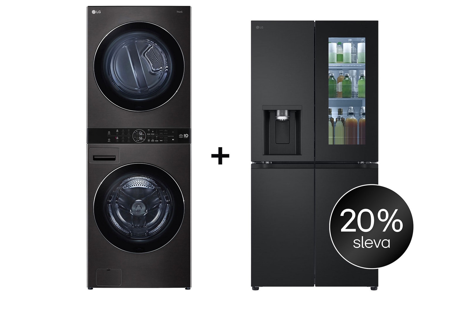 Čelní pohled na SET | LG WashTower WT1716BBF + Chladnička InstaView™ GMG860EPBE CHPRSET22