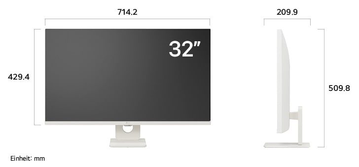 
  Maßansicht
  des LG Smart Monitors UHD Monitor 32-inch mit 714.2×509.8×209.9mm inkl.
  Standfuß; Panelhöhe 429.4mm.