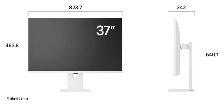 Maßansicht
des LG Smart Monitors UHD Monitor 37-inch mit 823.7×640.1×242mm inkl.
Standfuß; Panelhöhe 483.8mm.