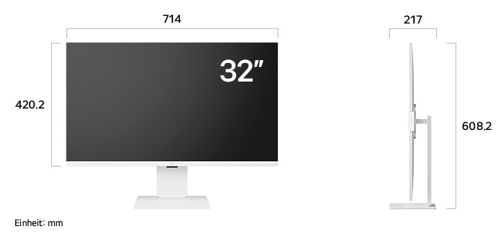 Maßansicht
des LG Smart Monitors UHD Monitor 32-inch mit 714×608.2×217mm inkl. Standfuß;
Panelhöhe 420.2mm.