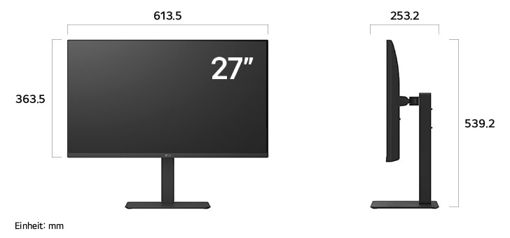 
  Maßansicht
  des LG UltraFine™ UHD 4K&5K Monitor 27-inch mit 613.5×539.2×253.2mm inkl.
  Standfuß; Panelhöhe 363.5mm.