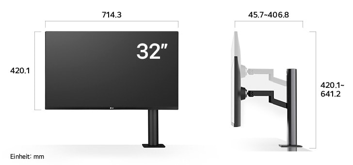 
  Maßansicht
  des LG UltraFine™ UHD 4K&5K Monitor 32-inch mit
  714.3×420.1-641.2×45.7-406.8mm inkl. Standfuß; Panelhöhe 420.1mm.