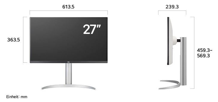 
  Maßansicht
  des LG UltraFine™ UHD 4K&5K Monitor 27-inch mit 613.5×459.3~569.3×239.3mm
  inkl. Standfuß; Panelhöhe 363.5mm.