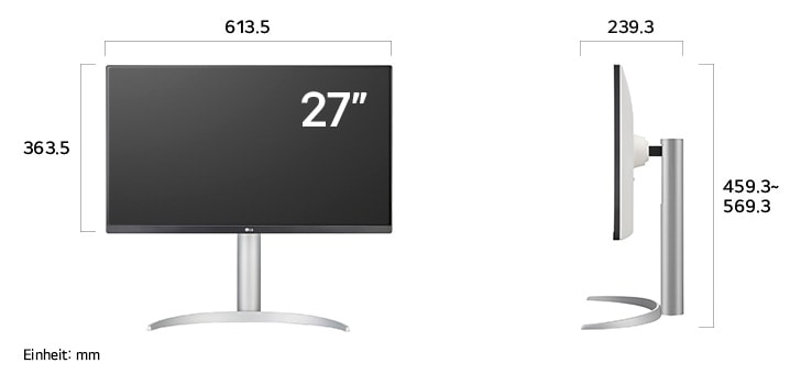 
  Maßansicht
  des LG UltraFine™ UHD 4K&5K Monitor 27-inch mit 613.5×459.3~569.3×239.3mm
  inkl. Standfuß; Panelhöhe 363.5mm.