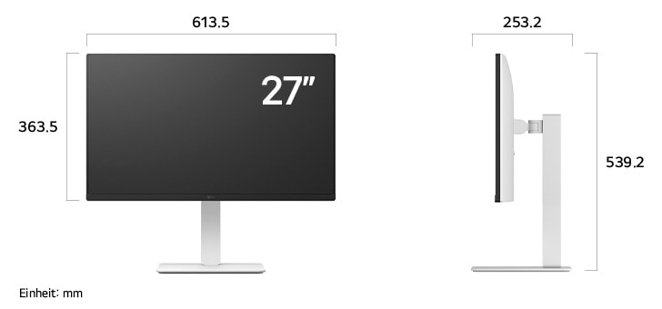 
  Maßansicht
  des LG UltraFine™ UHD 4K&5K Monitor 27-inch mit 613.5×539.2×253.2mm inkl.
  Standfuß; Panelhöhe 363.5mm.