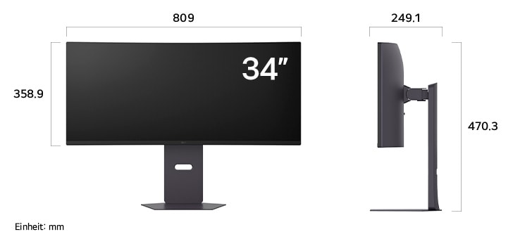 Maßansicht des LG UltraGear™ Gaming Monitor 34-inch mit 809×470.3×249.1mm inkl. Standfuß; Panelhöhe 358.9mm.