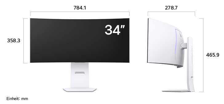 Maßansicht des LG UltraGear™ Gaming Monitor 34-inch mit 784.1×465.9×278.7mm inkl. Standfuß; Panelhöhe 358.3mm.