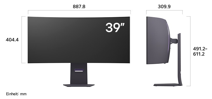 Maßansicht des LG UltraGear™ Gaming Monitor 34-inch mit 784.1×465.9×278.7mm inkl. Standfuß; Panelhöhe 358.3mm.