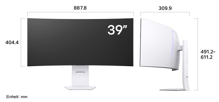 
  Maßansicht
  des LG UltraGear™ Gaming Monitor 39-inch mit 887.8×491.2~611.2×309.9mm inkl.
  Standfuß; Panelhöhe 404.4mm.