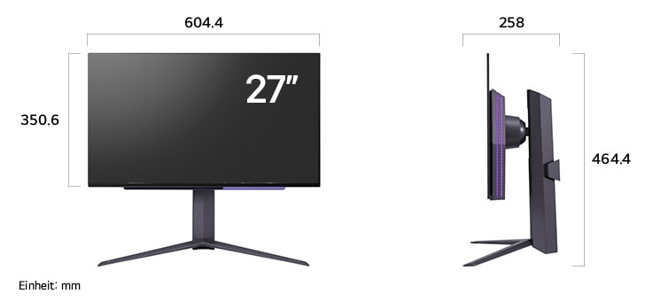
  Maßansicht
  des LG UltraGear™ Gaming Monitor 27-inch mit 604.4×464.4×258mm inkl.
  Standfuß; Panelhöhe 350.6mm.