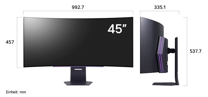 
  Maßansicht
  des LG UltraGear™ Gaming Monitor 45-inch mit 992.7×537.7×335.1mm inkl.
  Standfuß; Panelhöhe 457mm.