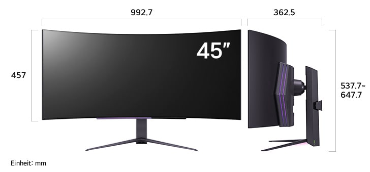 Maßansicht des LG UltraGear™ Gaming Monitor 45-inch mit 992.7×537.7-647.7×335.1mm inkl. Standfuß; Panelhöhe 457mm.
