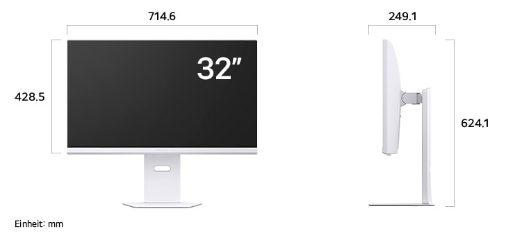 Maßansicht des LG UltraGear™ Gaming Monitor 32-inch mit 714.6×624.1×249.1mm inkl. Standfuß; Panelhöhe 428.5mm.
