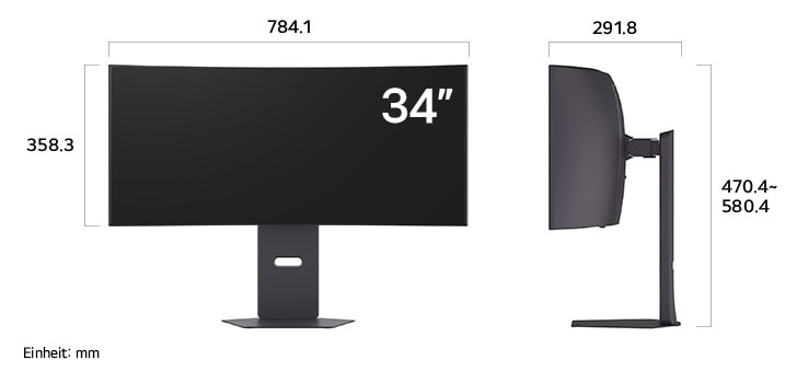 Maßansicht des LG UltraGear™ Gaming Monitor 34-inch mit 784.1×470.4-580.4×291.8mm inkl. Standfuß; Panelhöhe 358.3mm.