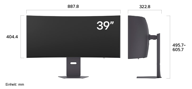 Maßansicht des LG UltraGear™ Gaming Monitor 39-inch mit 887.8×495.7-605.7×322.8mm inkl. Standfuß; Panelhöhe 404.4mm.