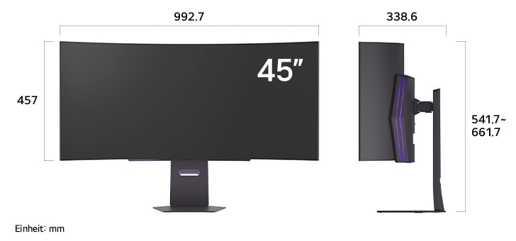 Maßansicht des LG UltraGear™ Gaming Monitor 45-inch mit 992.7×661.7×338.6mm inkl. Standfuß; Panelhöhe 457mm.