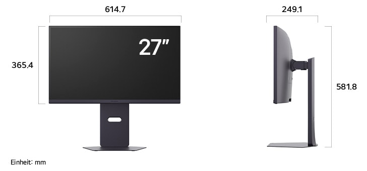 Maßansicht des LG UltraGear™ Gaming Monitor 27-inch mit 614.7×581.8×249.1mm inkl. Standfuß; Panelhöhe 365.4mm.