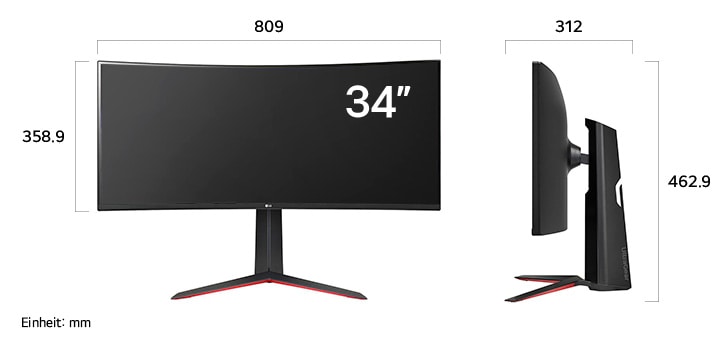 Maßansicht des LG UltraGear™ Gaming Monitor 34-inch mit 809×462.9×312mm inkl. Standfuß; Panelhöhe 358.9mm.