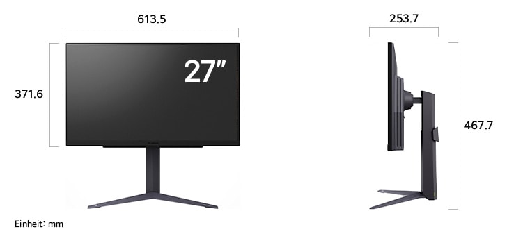 Maßansicht des LG UltraGear™ Gaming Monitor 27-inch mit 613.5×467.7×253.7mm inkl. Standfuß; Panelhöhe 371.6mm.