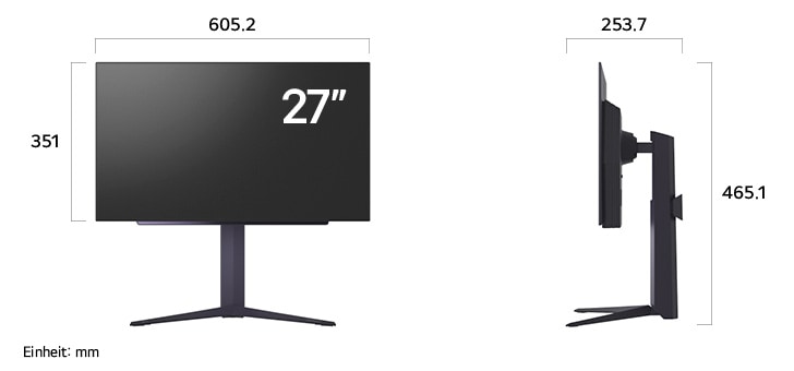 Maßansicht des LG UltraGear™ Gaming Monitor 27-inch mit 605.2×465.1×253.7mm inkl. Standfuß; Panelhöhe 351mm.