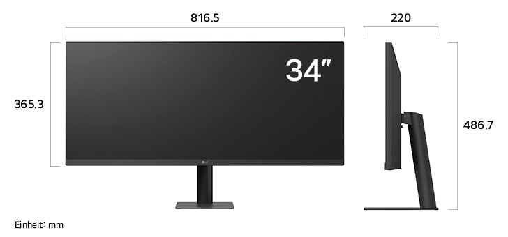 Maßansicht des LG UltraWide™ Monitor 34-inch mit 816.5×486.7×220mm inkl. Standfuß; Panelhöhe 365.3mm.
