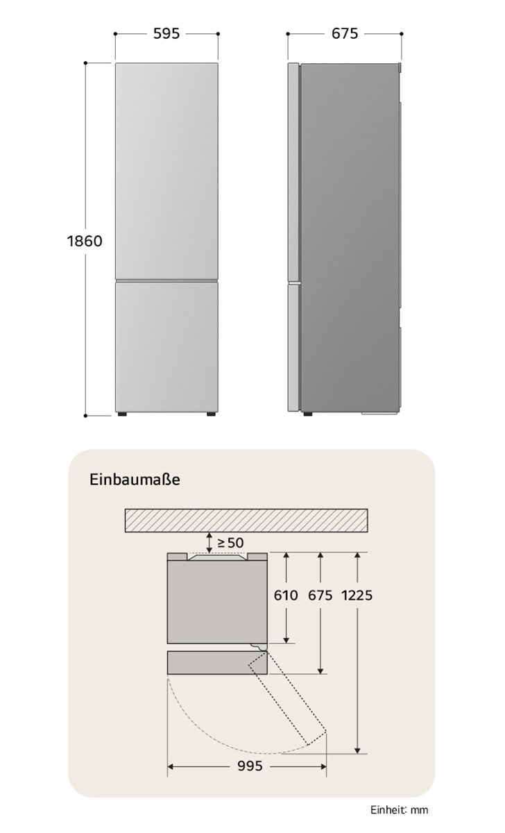 LG Kühl-Gefrierkombination GBV5140APY technische Zeichnung: H 1860, B 595, T 675 mm mit Einbaumaßen und 995 mm Türöffnungsraum.