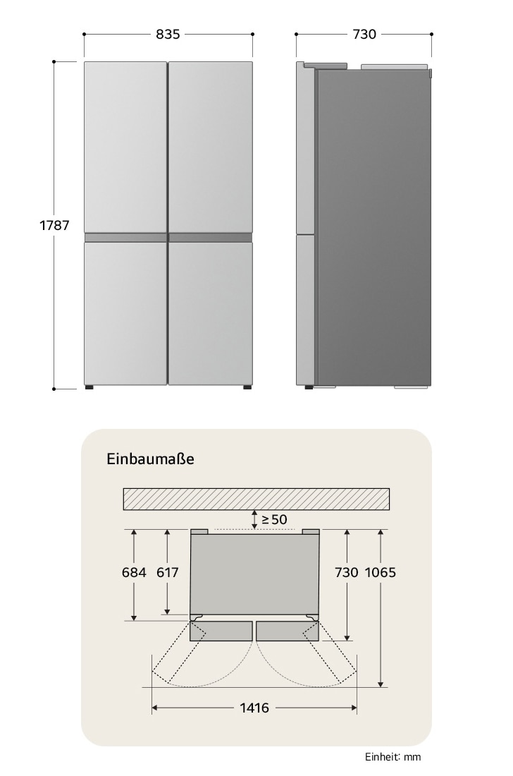 LG Multi-Door Kühlschrank GMG861MBAE zeigt die genauen Einbaumaße und Produktabmessungen, darunter eine Höhe von 1787 mm, Breite von 835 mm und Tiefe von 730 mm.