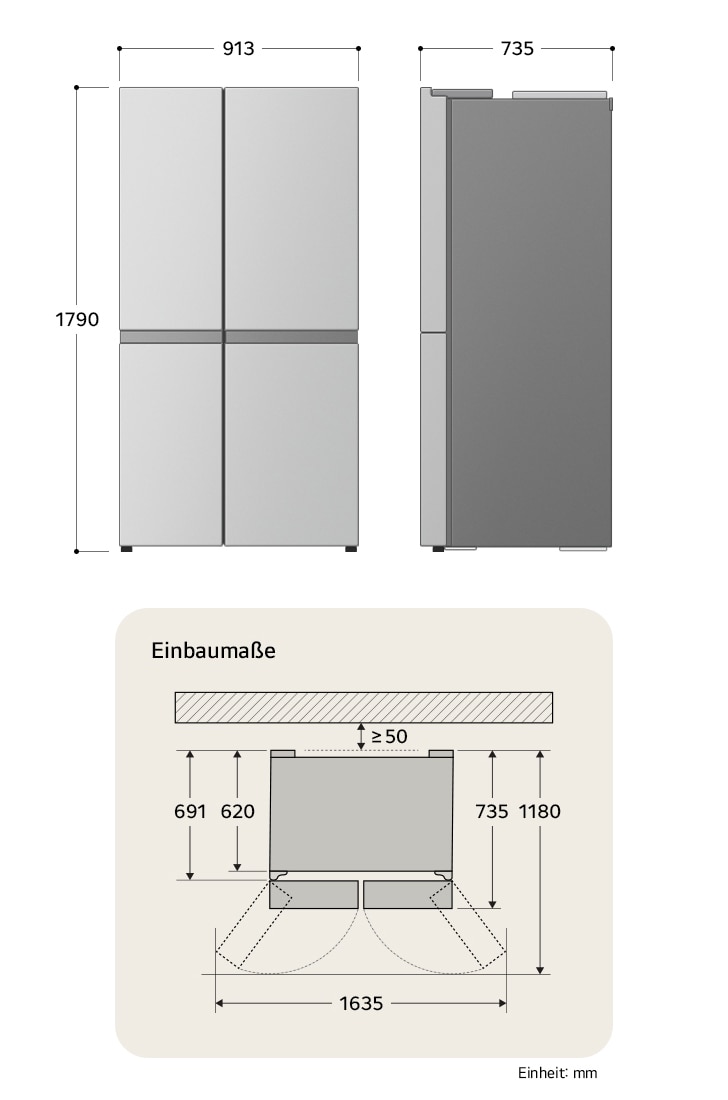 LG Side-by-Side Kühlschrank GSLC40PYPE zeigt die genauen Einbaumaße und Produktabmessungen, darunter eine Höhe von 1790 mm, Breite von 913 mm und Tiefe von 735 mm.