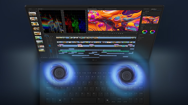Der LG gram Pro AI Laptop (16Z90U) verfügt über ein verbessertes Kühlsystem mit zwei Lüftern und einem um 21 % höheren Luftstrom, was eine stabile Leistung auch bei hoher Auslastung gewährleistet