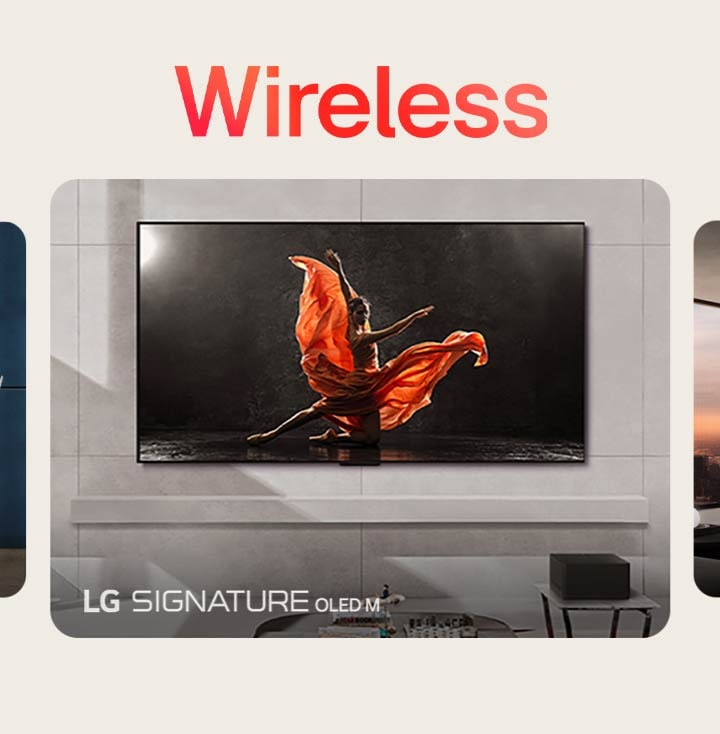 Eine Auswahl von LG TVs rotiert in der folgenden Reihenfolge: LG Signature OLED M, LG Signature OLED T, LG OLED Flex, LG StandbyME, LG StandbyME GO, LG Posé und LG Easel. Alle Markenlogos sind in der unteren linken Ecke jedes Bildes eingebettet.