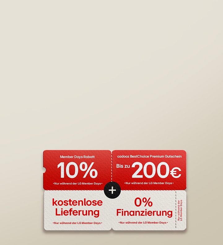 Werbebild zu den LG Member Days mit vier Vorteilen: 10 % Rabatt, bis zu 200 € Cadooz Gutschein, kostenlose Lieferung und 0 % Finanzierung bis zu 48 Monate.