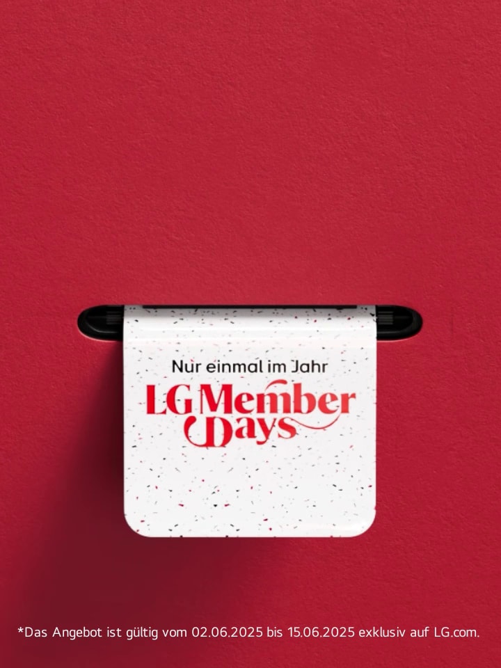Ein Video zeigt, wie Tickets für die LG Member Days gedruckt werden. Auf den ersten beiden Tickets stehen die Aufschriften „Nur einmal im Jahr, LG Member Days“. Danach werden nacheinander Tickets mit Abbildungen eines LG Fernsehers, einer Soundbar, eines Kühlschranks, einer Waschmaschine, eines Monitors und eines CineBeam-Projektors gedruckt.