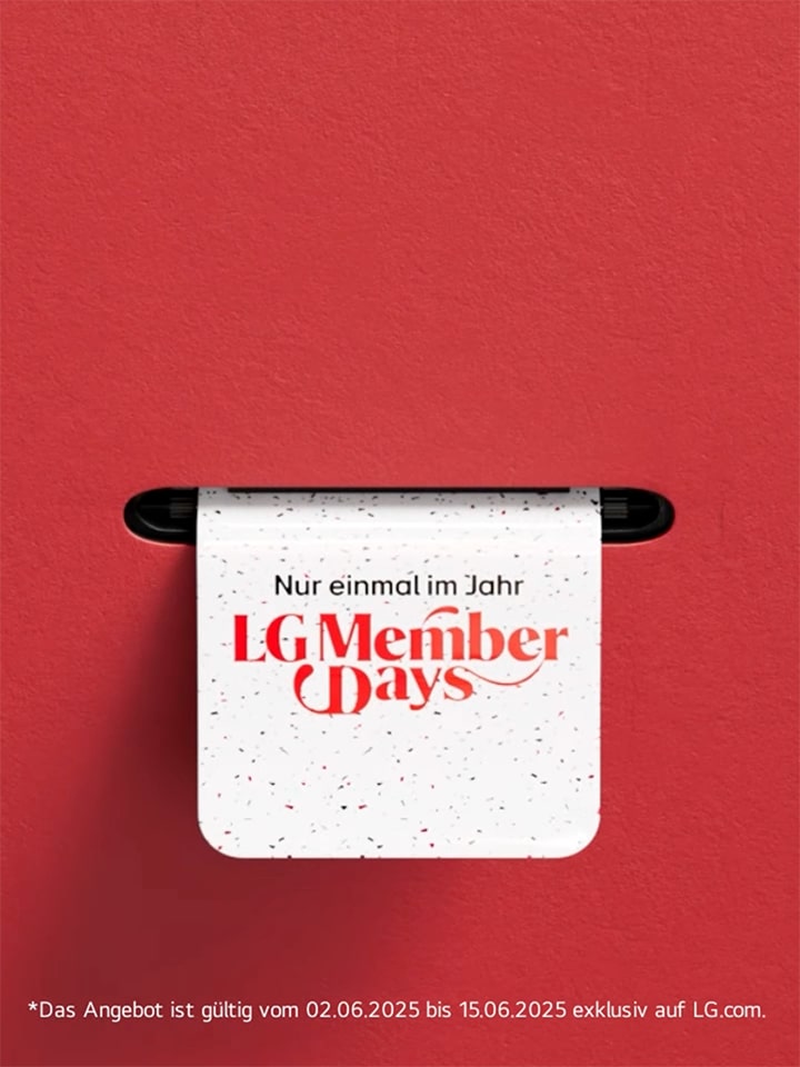 Ein Video zeigt, wie Tickets für die LG Member Days gedruckt werden. Auf den ersten beiden Tickets stehen die Aufschriften „Nur einmal im Jahr, LG Member Days“. Danach werden nacheinander Tickets mit Abbildungen eines LG Fernsehers, einer Soundbar, eines Kühlschranks, einer Waschmaschine, eines Monitors und eines CineBeam-Projektors gedruckt.