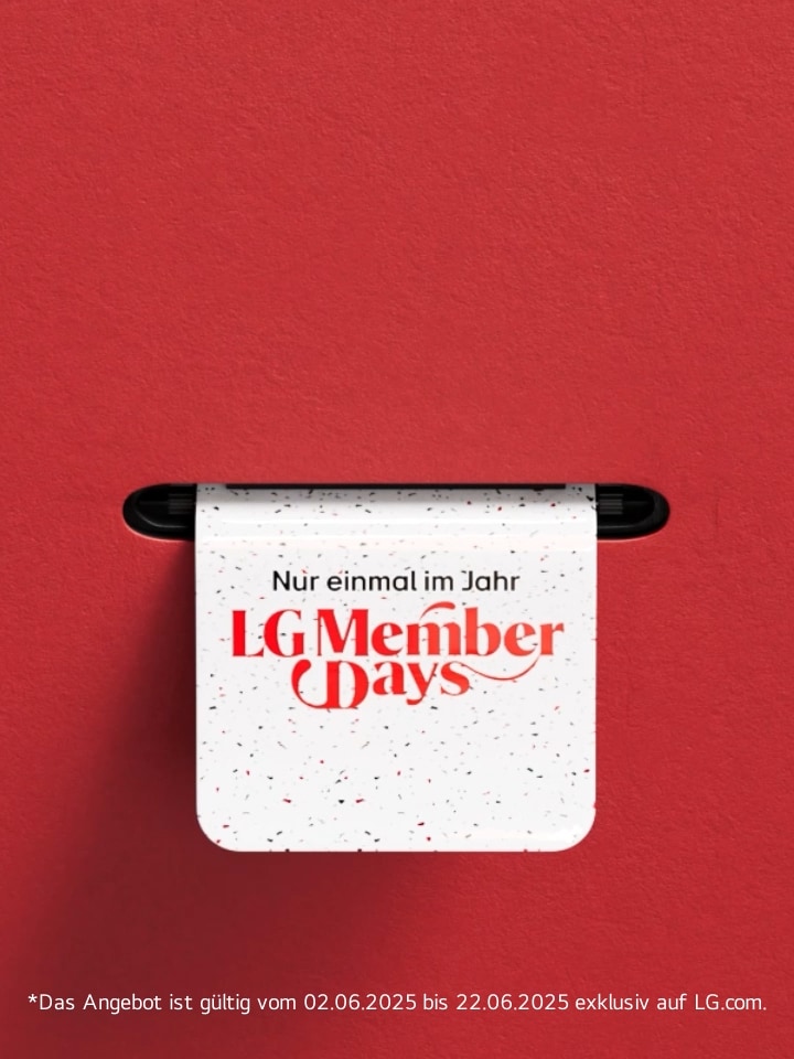Ein Video zeigt, wie Tickets für die LG Member Days gedruckt werden. Auf den ersten beiden Tickets stehen die Aufschriften „Nur einmal im Jahr, LG Member Days“. Danach werden nacheinander Tickets mit Abbildungen eines LG Fernsehers, einer Soundbar, eines Kühlschranks, einer Waschmaschine, eines Monitors und eines CineBeam-Projektors gedruckt.