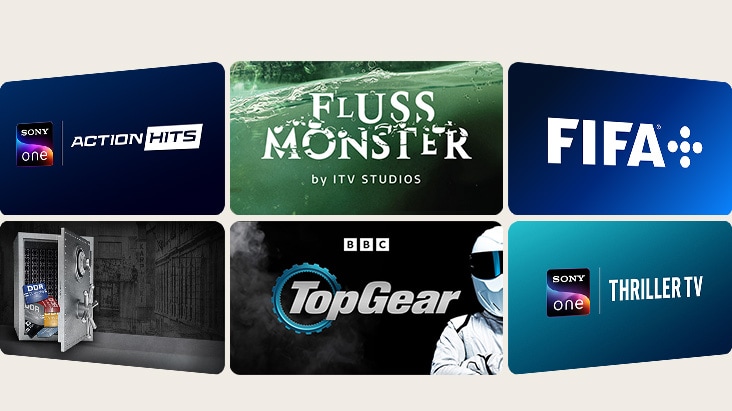 Sechs auf dem Bildschirm angezeigte Miniaturansichten von Fernsehsendungen, die eine vielfältige Auswahl an LG Channels darstellen, darunter Sport-, Nachrichten-, Kinderunterhaltungs- und Lifestyle-Programme.