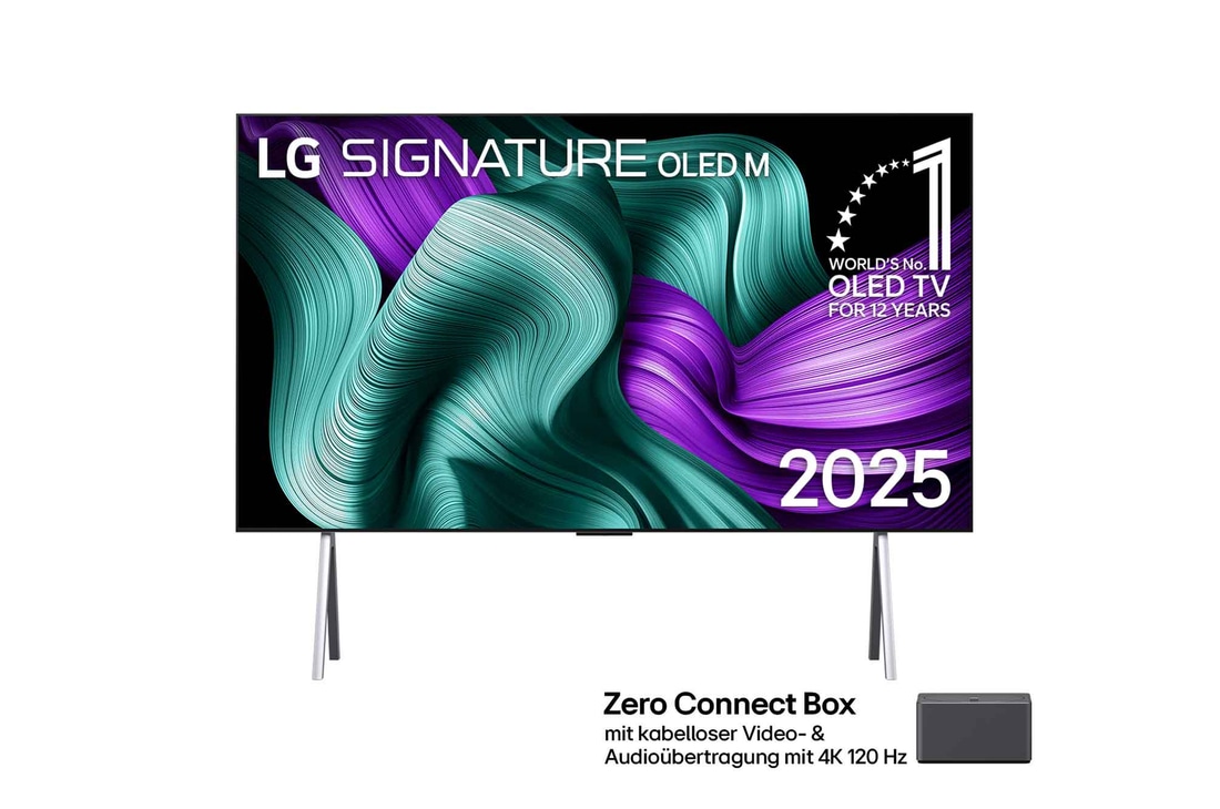 Vorderansicht des LG SIGNATURE OLED TV M5. Das OLED-Emblem „12 Years of world number 1“ und das Logo „LG Signature OLED M“ sind auf dem Bildschirm zu sehen. Zero Connect Box in der Ecke mit dem Titel „Zero Connect Box mit drahtloser Video- und Audioübertragung in 4K mit 144Hz“.