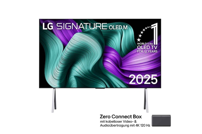 Frontansicht des Weltweit ersten True Wireless TVs 97 Zoll LG OLED evo AI M5 mit 4K 144Hz Video und Audioübertragung OLED77M59LA
