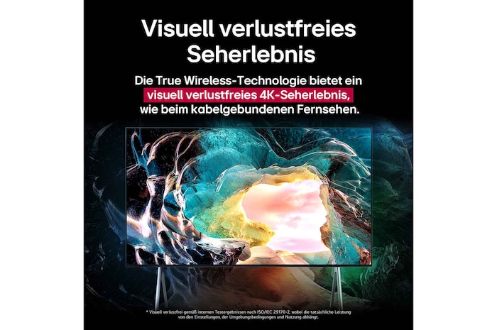 Der Bildschirm des LG SIGNATURE OLED TV M5 zeigt eine Höhle mit Blick auf den Himmel. Der Text handelt davon, wie beeindruckend Details in visuell verlustfreier 4K-Qualität sind.