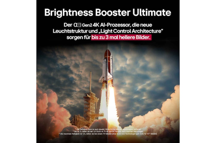 Ein Space Shuttle startet vom Boden. Die Szene ist in der Mitte geteilt, wobei eine Hälfte etwas dunkler und matter ist. Die andere Hälfte zeigt, wie hell die Raketenexplosion ist, und demonstriert, wie hell Bilder auf einem LG OLED TV-Bildschirm mit der lichtemittierenden Struktur und der Beleuchtungssteuerungsarchitektur von Brightness Booster Max sein können.