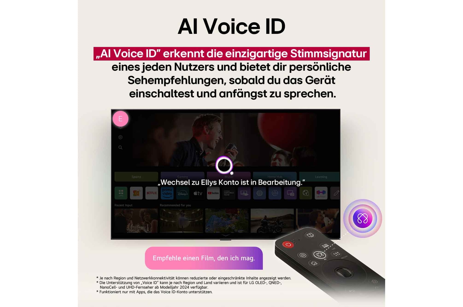 LG TV-Bildschirm mit einer AI Magic Remote im Vordergrund. Der AI Button ist hervorgehoben und eine Sprechblase zeigt den Text „Schlage einen Film vor, der mir gefällt“. Auf dem Bildschirm sehen wir das Benutzersymbol E, das anzeigt, dass AI Voice ID in der Lage war, den Benutzer zu identifizieren und personalisierte Empfehlungen allein auf der Grundlage seiner Stimme zu geben. 