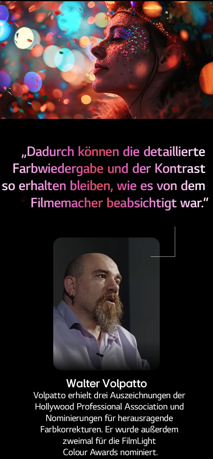 Menschliches Motiv vor farbenfrohem Hintergrund mit Bokeh. Ein Zitat von Walter Valpatto, einem bekannten Filmemacher, wird hervorgehoben, in dem er über AI Director Processing spricht. Dadurch können die detaillierte Farbwiedergabe und der Kontrast so erhalten bleiben, wie es der Filmemacher beabsichtigt hat.