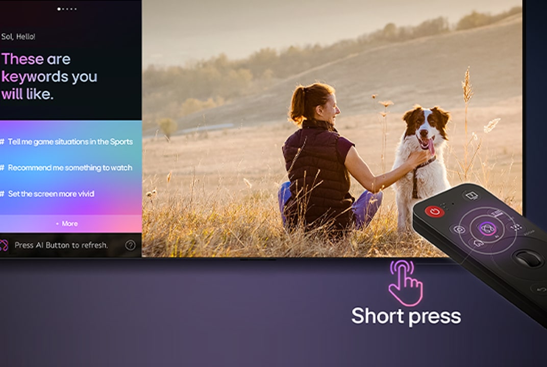 LG TV zeigt Frau mit Hund, Keyword-Panel und Fernbedienungs-Shortcut zur Illustration von AI Concierge.