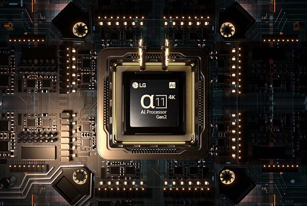 LG TV-Prozessorchip, der auf Leiterplatte leuchtet, illustriert Bildqualität und Leistung durch AI-Prozessor.