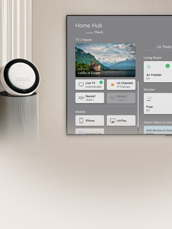 LG TV-Video zeigt Steuerung eines Luftreinigers per Fernbedienung zur Illustration von Home Hub.