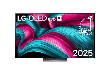 Frontansicht des LG OLED evo AI C5 4K Smart TV. Ein "12 Years of world number 1 OLED"-Emblem und das "LG OLED AI 2025"-Logo sind auf dem Bildschirm zu sehen.