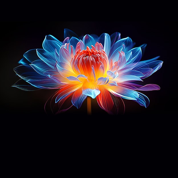 Eine Blume ist in voller Blüte abgebildet. Der Bildschirm teilt sich in zwei Hälften und zeigt ein Gitter über der linken Seite der Blume, während die rechte Seite der Blume in leuchtendem Rot, Gelb, Blau und Violett gehalten ist.